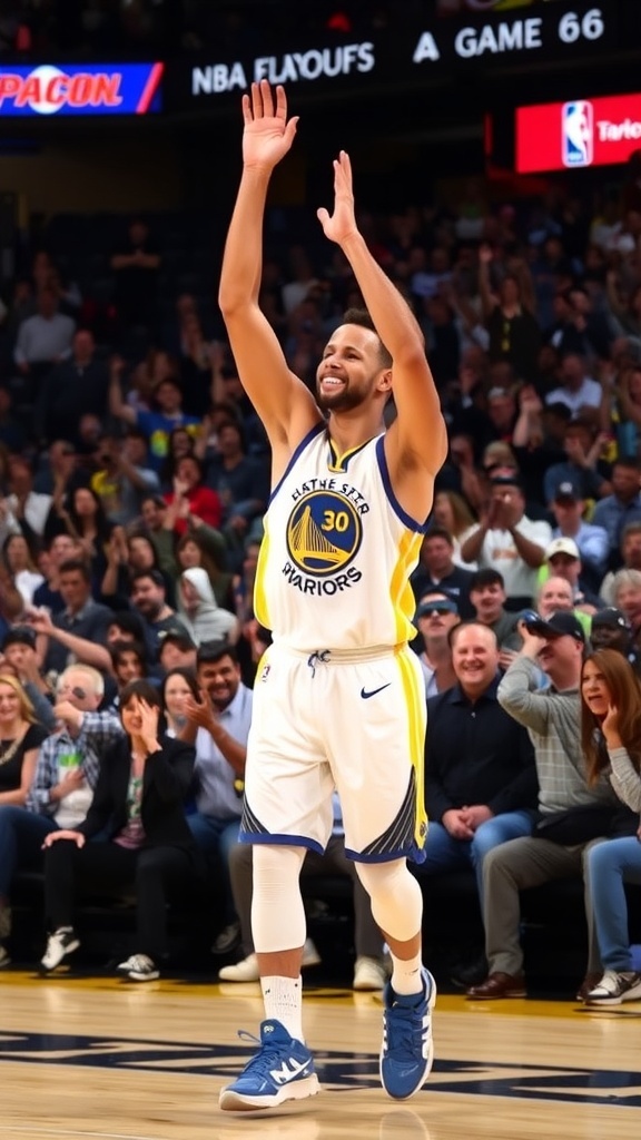 Stephen Curry Stephen Curry celebrating a three-pointer in Game 6 of the playoffs.